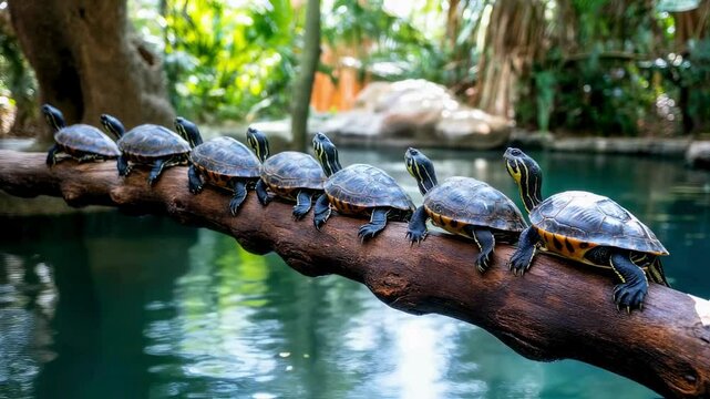 Eight Turtles in a Row on a Log Over Water