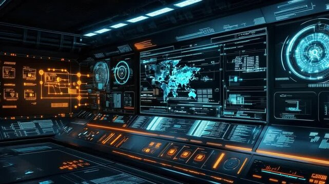 Futuristic technology interface with holographic display in command center environment - Powered by Adobe