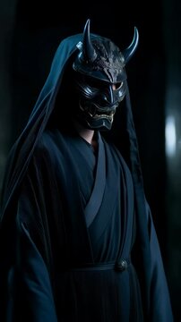 Dramatic figure wearing traditional horned demon mask and robe, creating a striking and enigmatic portrait in dark lighting