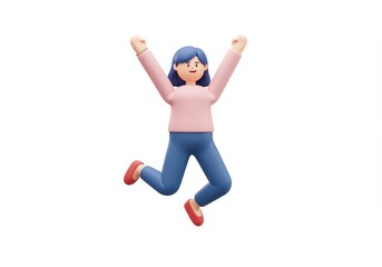 3D Illustration of 3d render of a cheerful woman jumping with joy and celebrating success isolated on white background