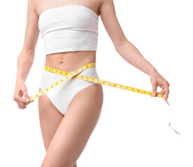 Woman with slim body and measuring tape on white background, closeup
