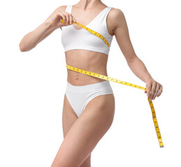 Woman with slim body and measuring tape on white background, closeup
