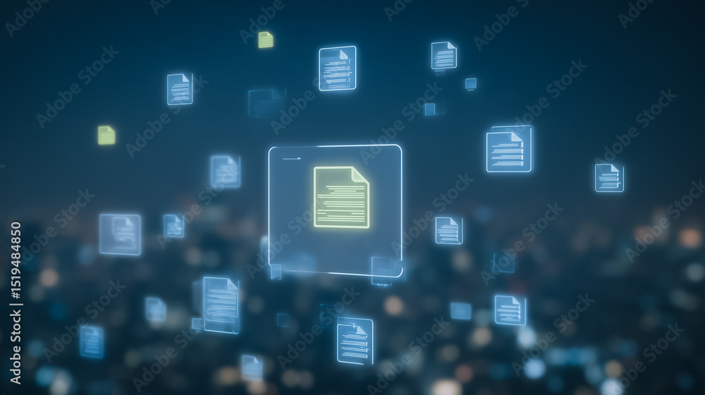 Fototapete data synchronization visualization: a digital display showcases an array of floating document icons,