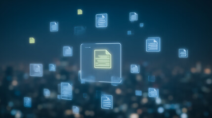 Fototapeta premium Data synchronization visualization: A digital display showcases an array of floating document icons, illustrating the concept of data synchronization in a dynamic and futuristic setting.