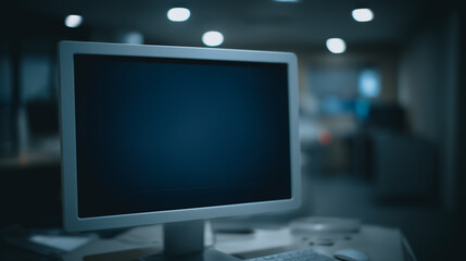 Empty Monitor: The image showcases a sleek, modern computer monitor with a black screen, capturing the essence of technology and data in an office setting.