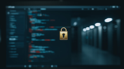 Fototapeta premium Digital Security: A visual metaphor of security on a digital screen, depicting a glowing padlock in front of a coded background suggesting safety and protection within the system.