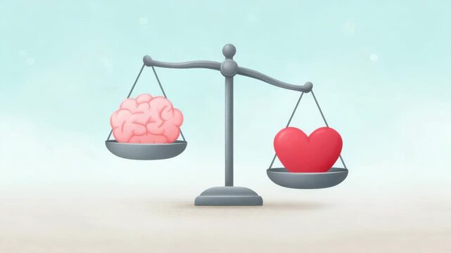 Mind and heart icons balancing on a scale, symbolizing emotional intelligence and control