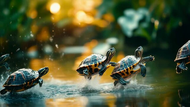 Four Baby Turtles Racing in a Pond at Sunset