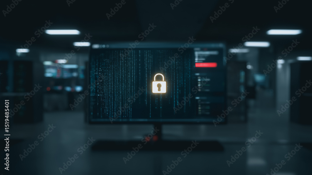 Poster cyber fortress: a monitor screen displaying a digital lock symbol, signifying robust data protection