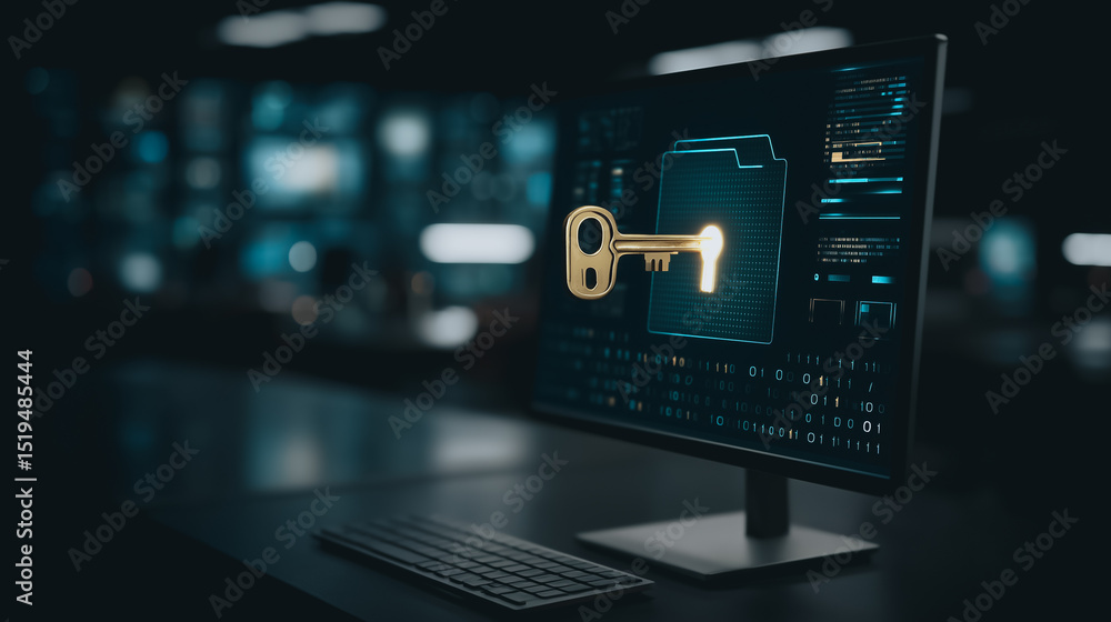 Poster cybersecurity key on monitor: a golden key hovers over a computer monitor displaying encrypted data,