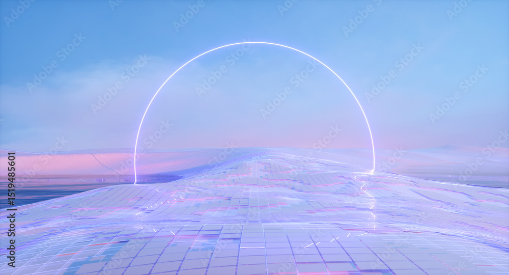 Aufkleber futuristic landscape background with grid floor and neon light. 3d rendering