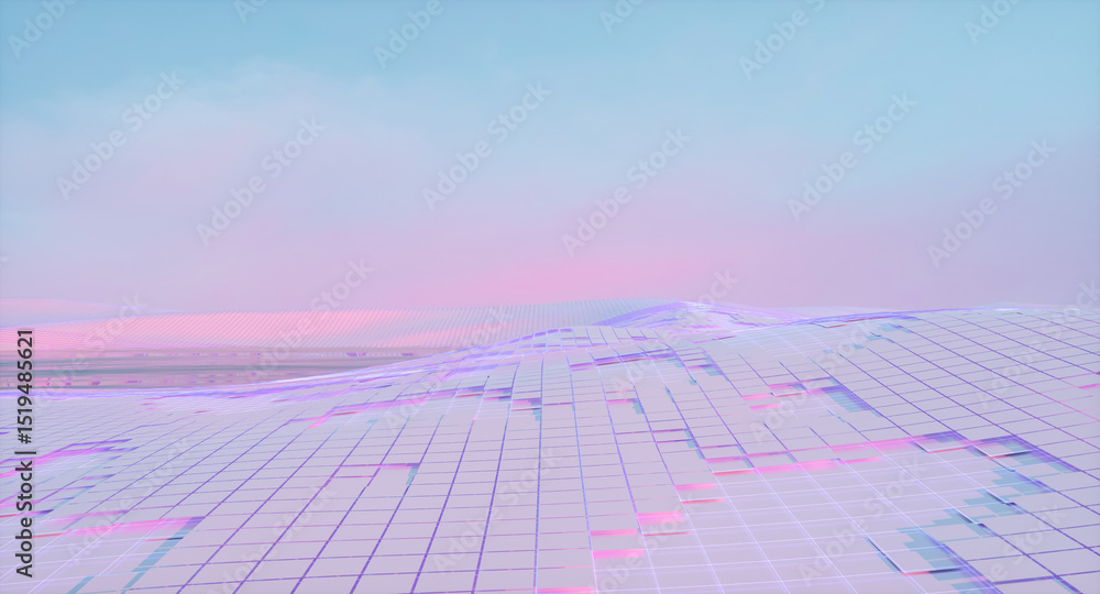 Poster futuristic landscape background with grid floor and neon light. 3d rendering