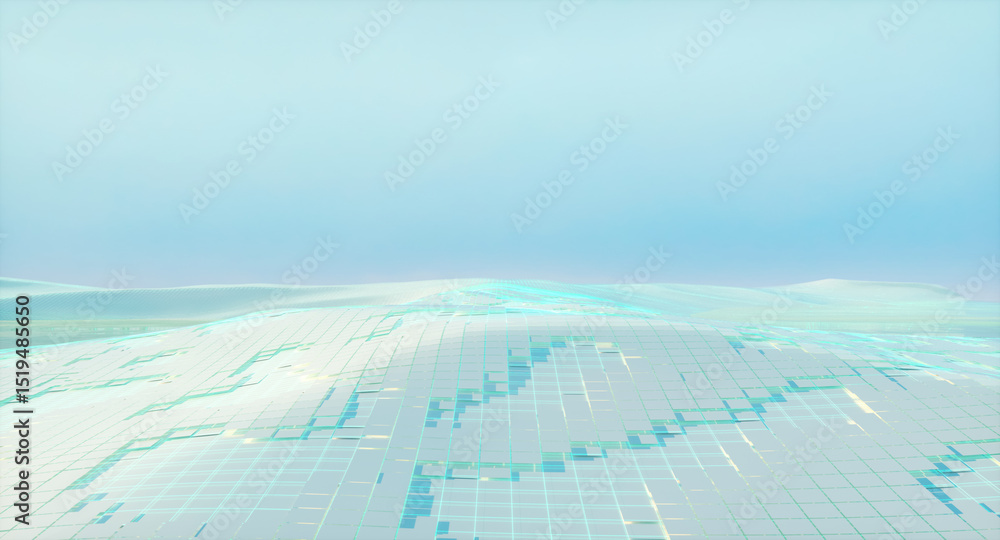 Poster futuristic landscape background with grid floor and neon light. 3d rendering