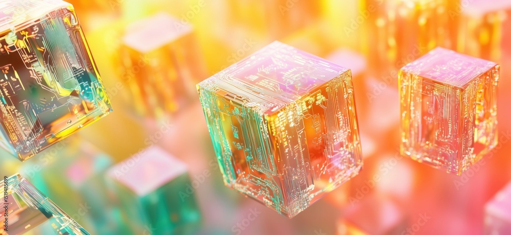 Poster Futuristic glowing cubes with circuit patterns in vibrant colors and abstract background