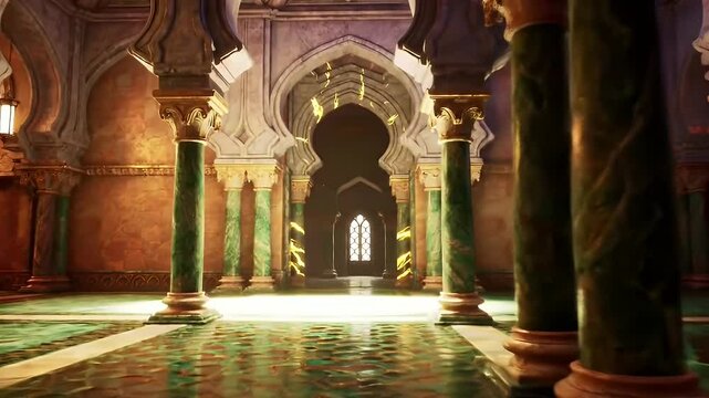 Intricate Arabian Palace Interior with Green and Gold Columns and Detailed Archways Smooth Camera Movement