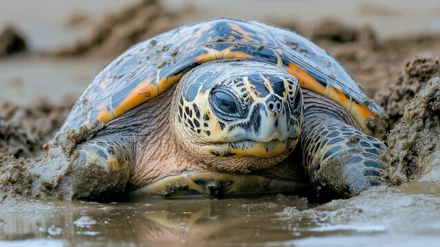 Hawksbill Sea Turtle Emerging from Mud, Close-Up Portrait
