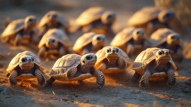 Adorable Baby Tortoises Racing at Sunset in the African Savanna
