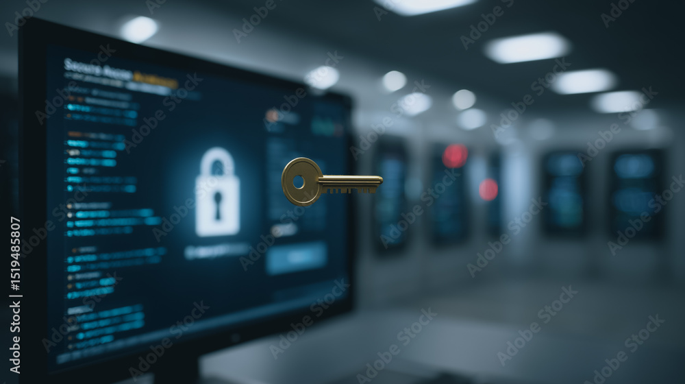Poster cybersecurity key: a golden key hovers in front of a computer screen displaying lines of code and a 