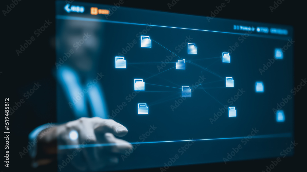 Poster digital data interaction: a professional examines a digital network, illuminated by a cool blue glow