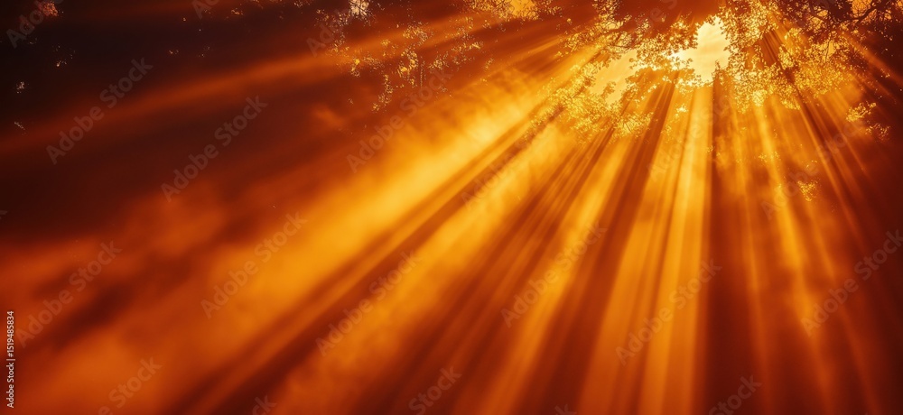 Poster golden sunlight rays streaming through trees creating a warm atmospheric glow