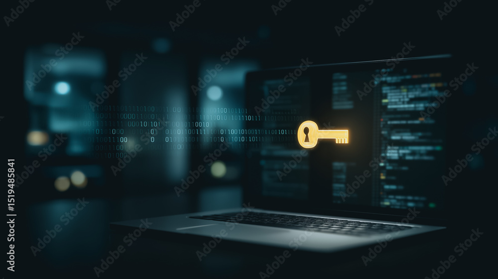 Poster secure access: a laptop screen displays a digital key, symbolizing data protection and digital secur