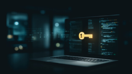 Obraz premium Secure Access: A laptop screen displays a digital key, symbolizing data protection and digital security, illuminated against a background of code, suggesting safe and secure online access.