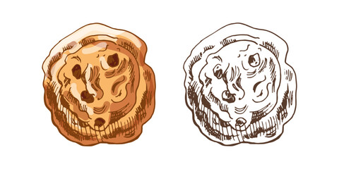 Hand drawn vintage sketch of cinnamon raisin bun in color and monochrome version, brown ink engraving style