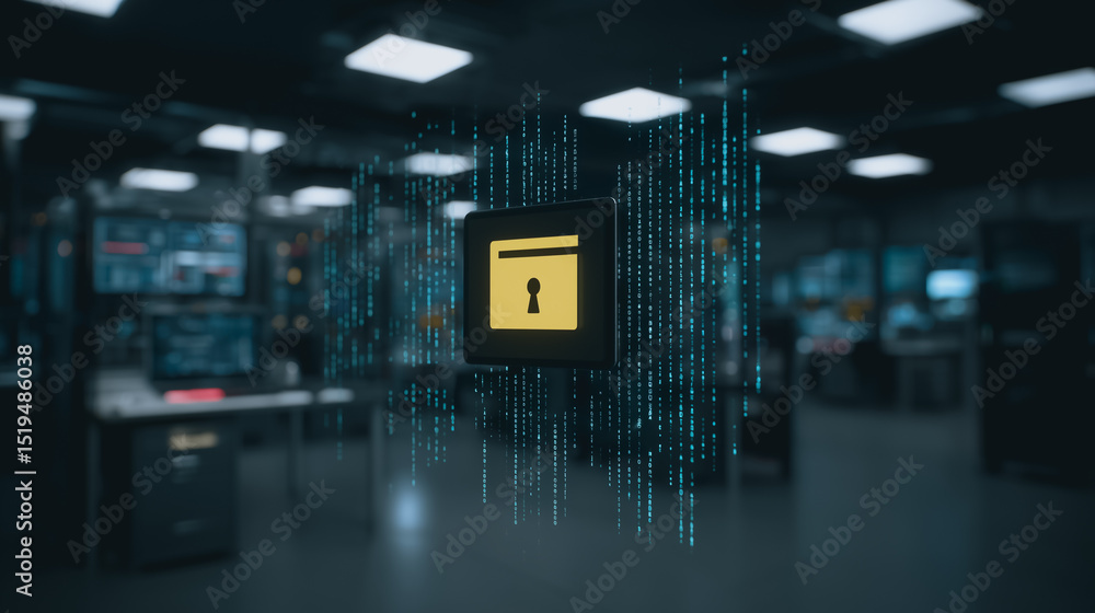 Poster digital fortress: a digital padlock shines in the foreground, set against a dimly lit server room fi
