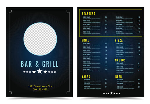 Modern bar and grill restaurant menu design card