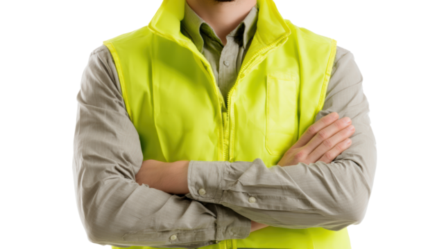 A worker in a bright safety vest stands confidently with arms crossed, showcasing professionalism and commitment to safety.