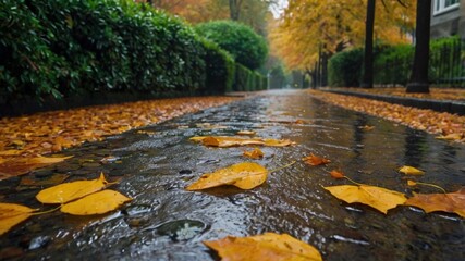 autumn leaves on the ground in the rain