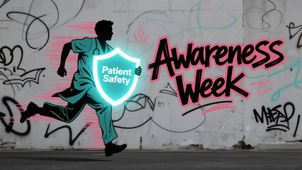 The silhouette of medical staff running with a "patient safety" shield represents safety protection and active promotion, suitable for promoting patient safety week activities.