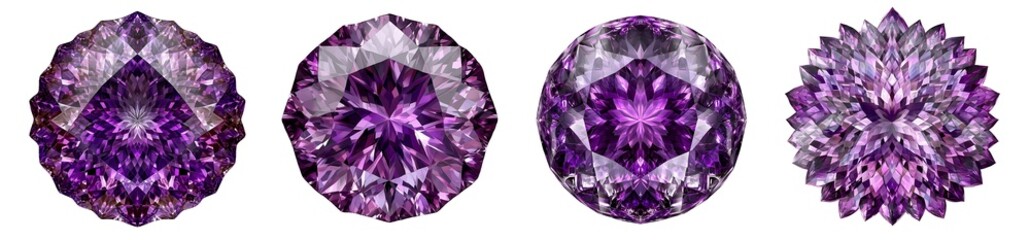 Set of various purple amethysts isolated on transparent background
