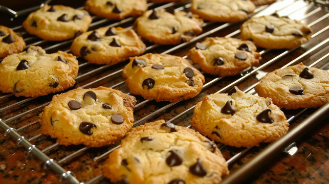 Freshly baked chocolate chip cookies cooling on a metal rack in a warm, cozy kitchen. Perfect concept for homemade baking, sweet desserts, comfort food, and delicious treats.