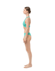 Woman wearing beautiful underwear on white background