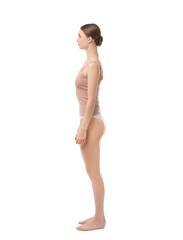 Naklejka premium Woman wearing beautiful underwear on white background