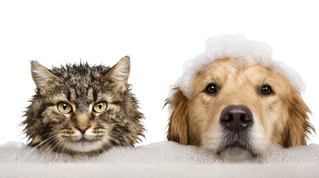 Adorable cat and dog peeking over a bubble bath, showcasing their playful personalities.