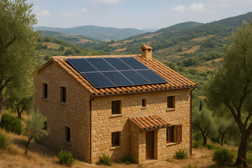 Obraz premium Old Stone House in Mediterranean Hills With Rooftop Solar