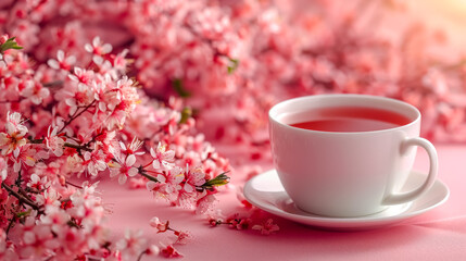 White teacup with pink tea placed among cherry blossoms on a soft pink background. Elegant and peaceful concept for spring, relaxation, and floral tea.