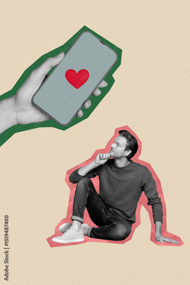 Poster template sketch image composite collage of yong man sit down think app click network subscribe heart