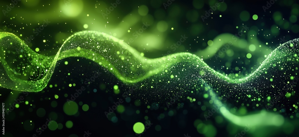 Poster abstract green wave with glowing particles and bokeh effect in dark background