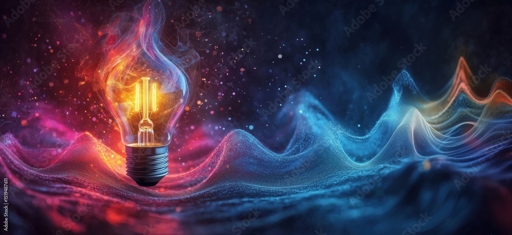Poster illuminated light bulb surrounded by colorful abstract waves and glowing particles