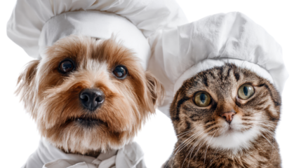 Adorable dog and cat wearing chef hats, ready to cook together, isolated on white background.