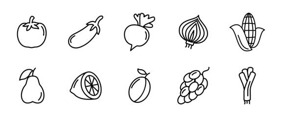 Vegetables icon set. Outline collection of fresh organic vegetables like tomato, onion, salad and corn vector illustration. Healthy food and nutrition symbol. Farm harvest and vegan diet outline sign.