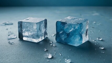 two ice cubes sitting on a blue surface
