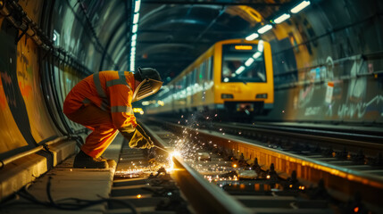 Subway maintenance worker welding rails inside an underground tunnel with sparks flying. Represents urban infrastructure, engineering, and manual labor.