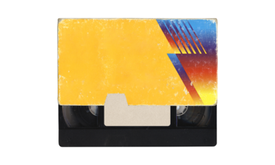 Composition with VHS videocassette partially inside a blank retro design cover sleeve, mockup on transparent background