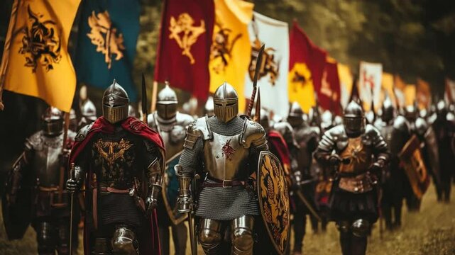 Epic Knights Marching in Formation with Banners: A Visual Feast of Medieval Grandeur