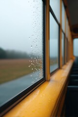 Raindrops on electric window glass during stop, Electric school bus