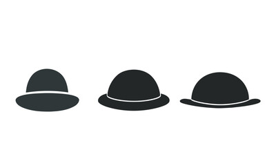 Black Bowler Hat Icons Set, Flat Design, vector illustration